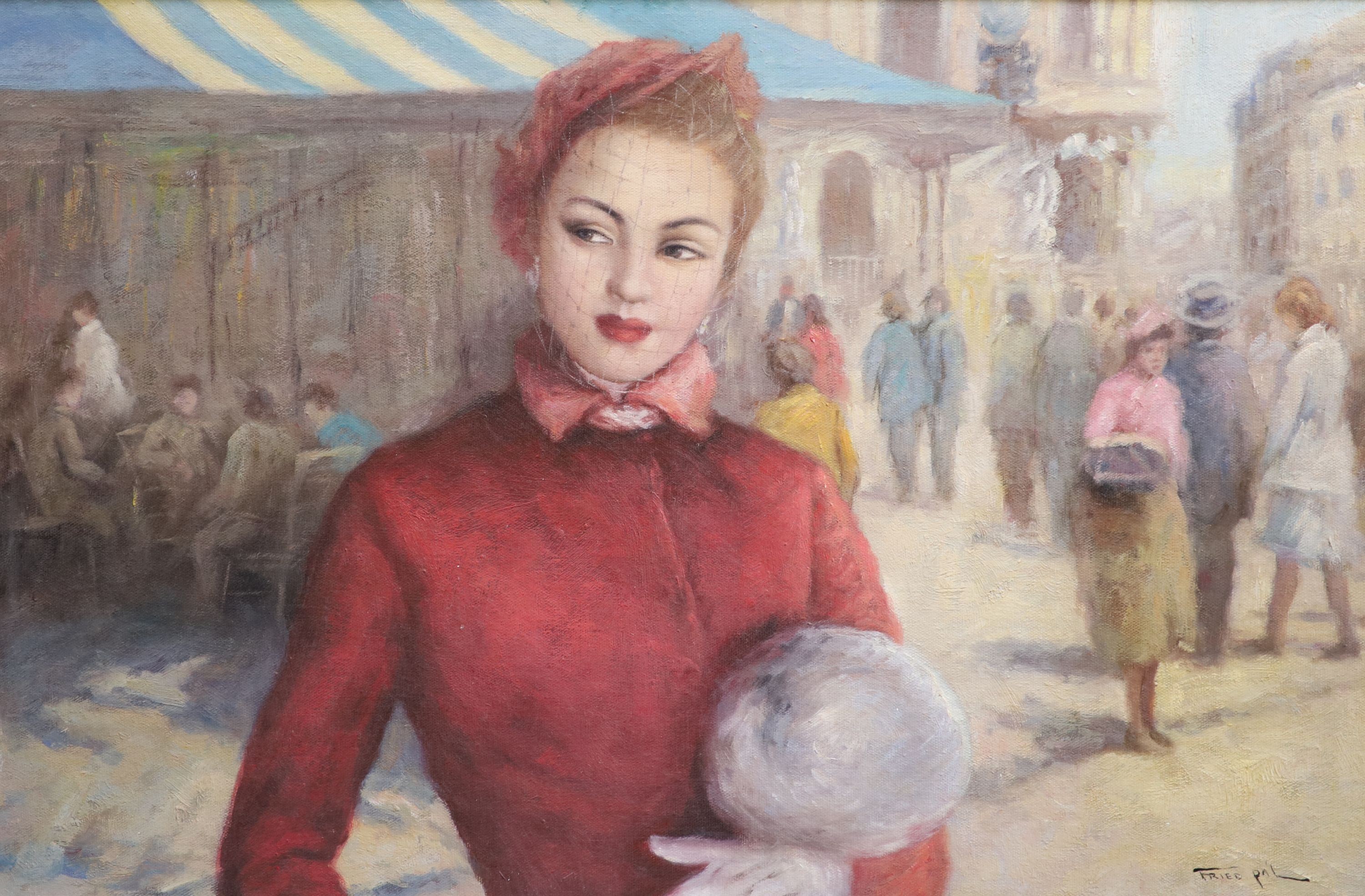 Pal Fried (Hungarian, 1893-1976), Parisian market scene, Oil on board, 49 x 75cm.